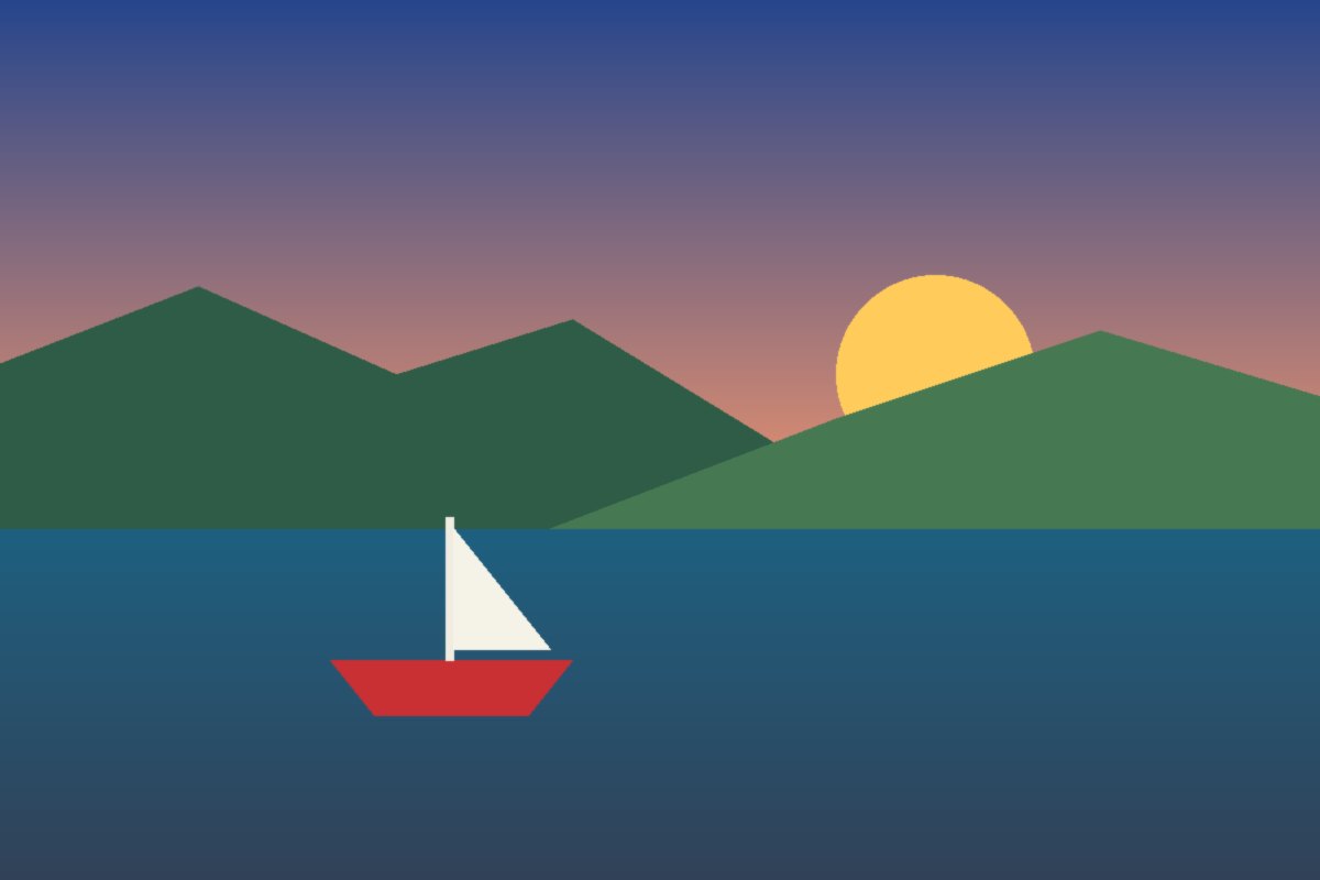 Sample photo: a sunset over the sea with green hills and a red boat